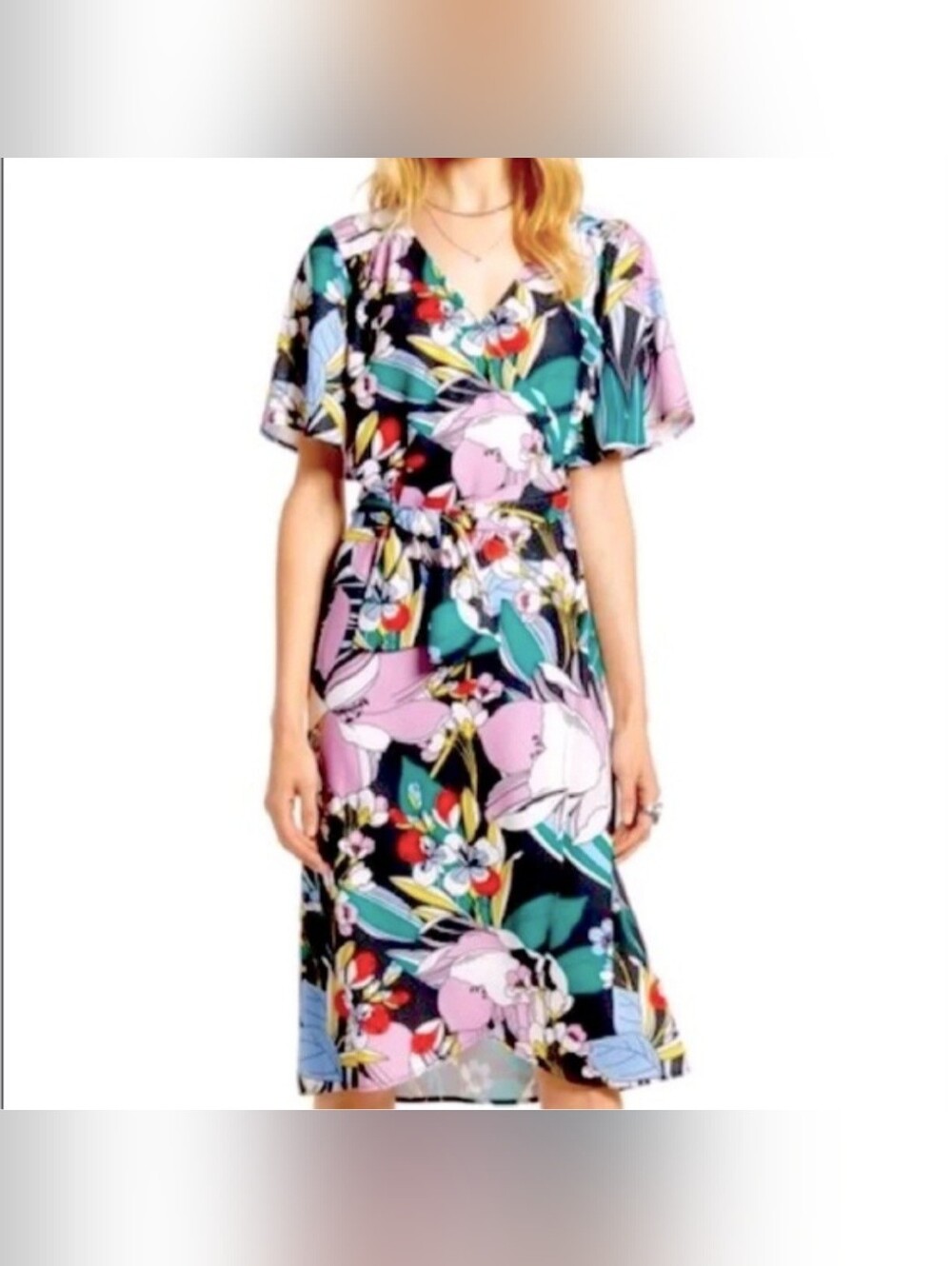 Halogen Colorful Floral Wrap Midi Dress w/ Black, Pink, Blue & Green Accents 2x